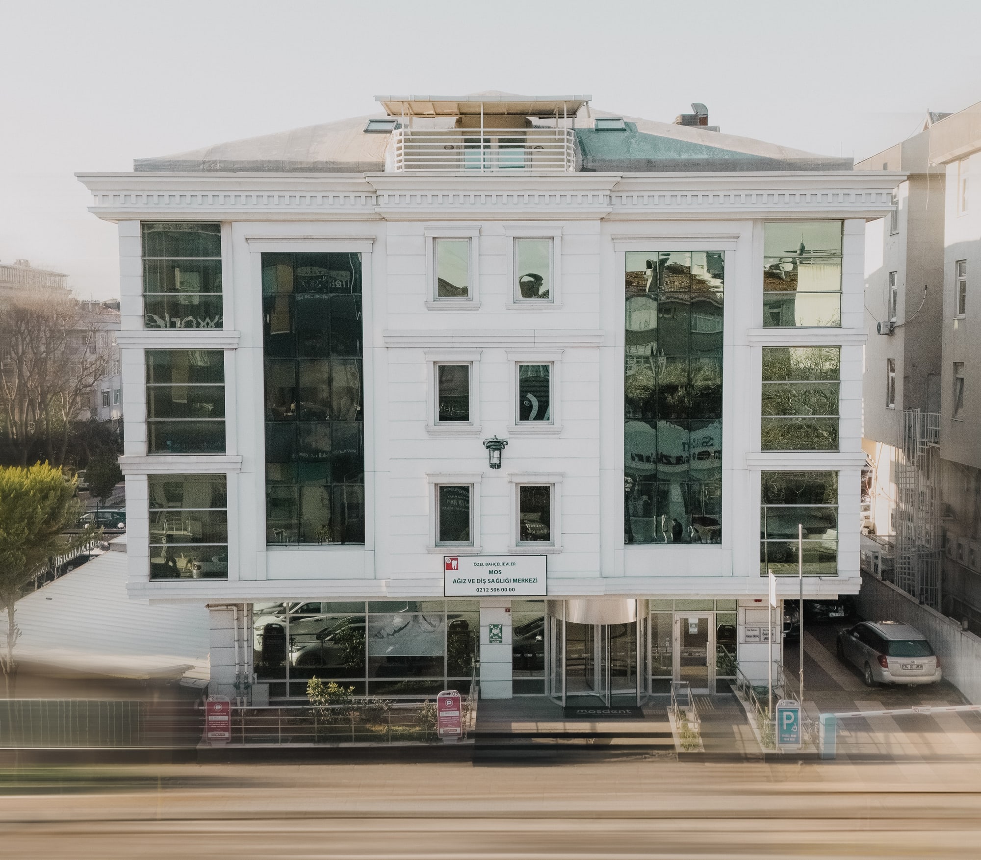 The Mosdent building in Istanbul, with the clinic sign above the entrance