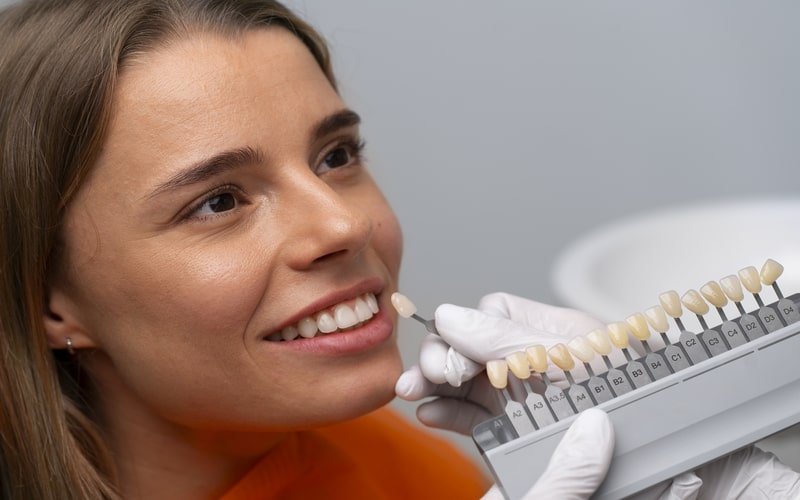 Shade guide held beside a smiling patient to select the crown colour