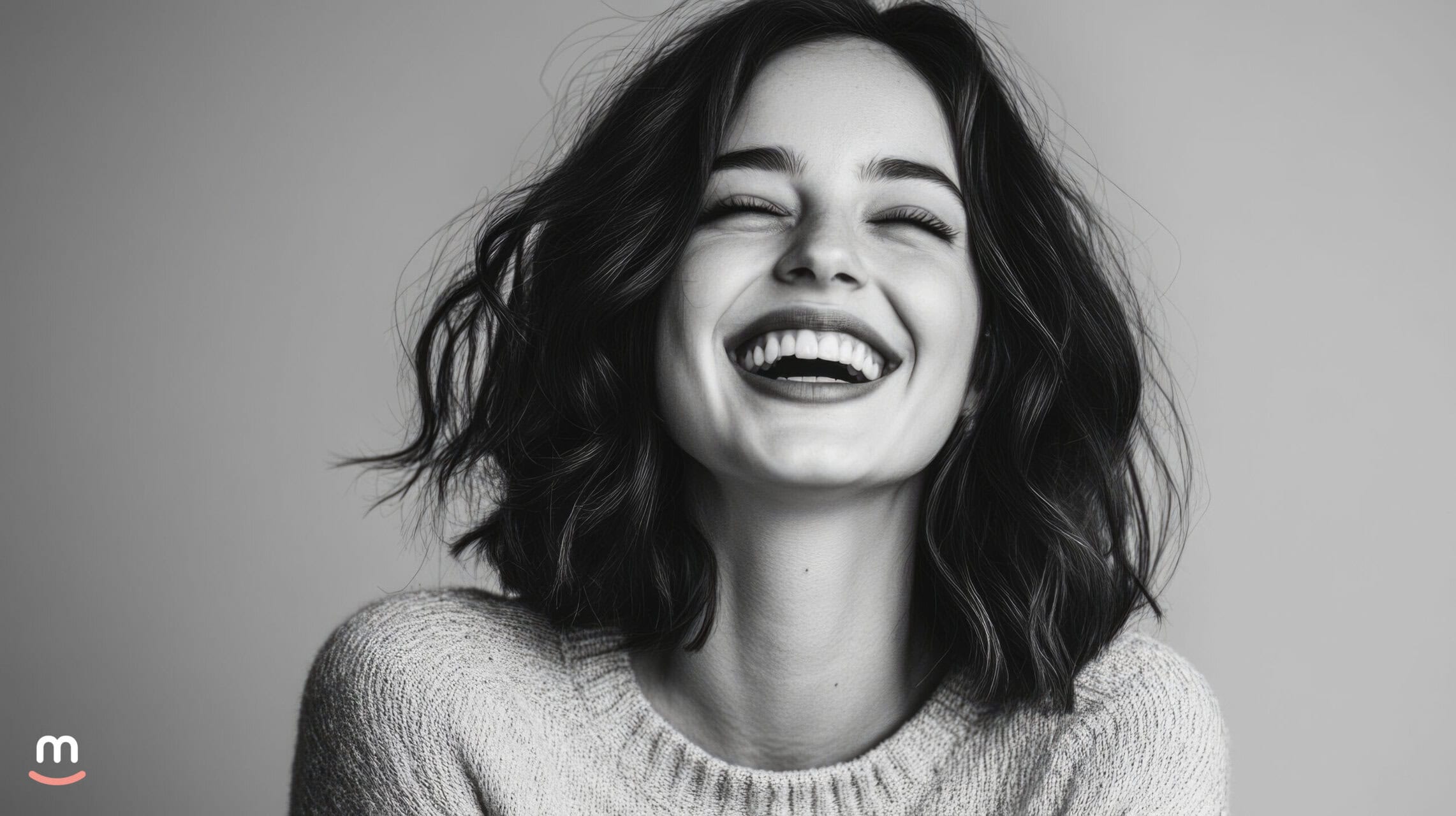 Black and white portrait of a woman laughing with her eyes closed
